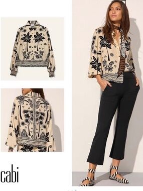CABI Marrakesh Button Up Blouse Black & Cream Flowy Top #6625